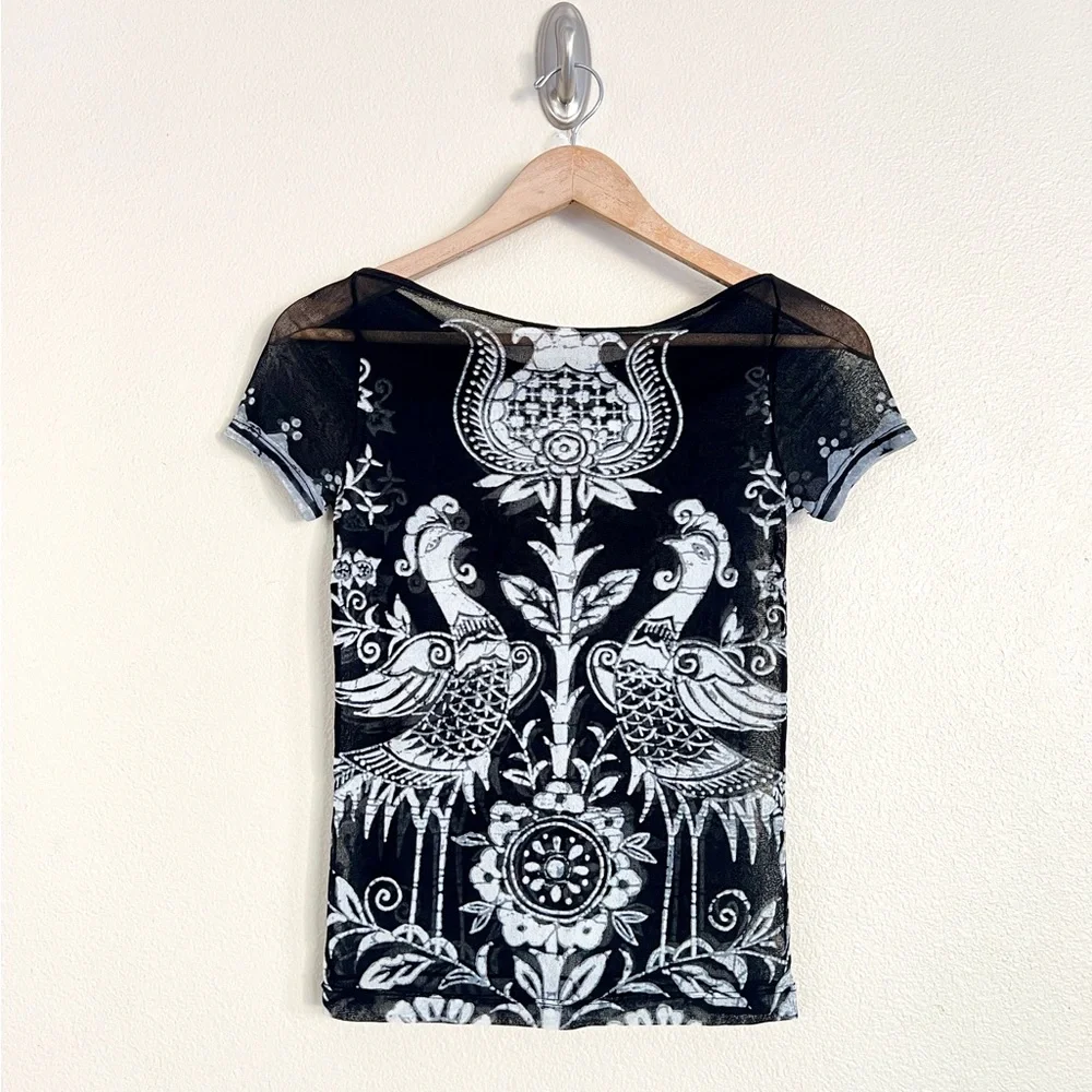 Vintage VIVIENNE TAM S/S 1998 Peacock Batik Print Mesh Top + Skirt SET in Black